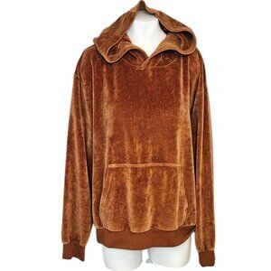 Aritzia TNA Womens Long Sleeve Hooded Pullover Velour Sweater, Orange Rust, L